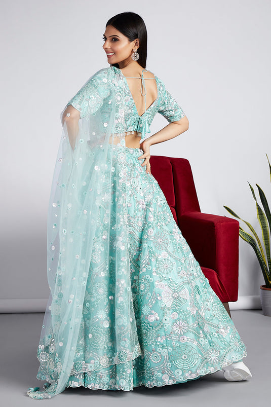 Cyan Color Organza Fabric Sequins Embroidery Designer Lehenga Choli