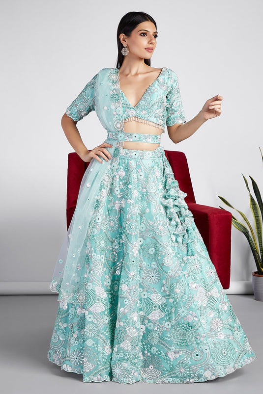 Cyan Color Organza Fabric Sequins Embroidery Designer Lehenga Choli