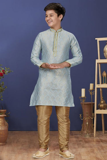 Light Cyan Color Jacquard Silk Fabric Reception Wear Fancy Kids Wear Kurta Pyjama
