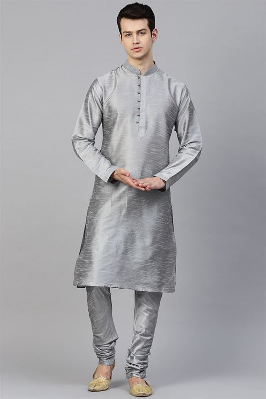 Grey Color Art Silk Fabric Sangeet Wear Trendy Kurta Pyjama For Men