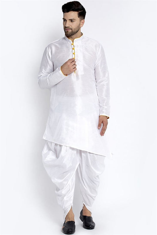 White Color Art Silk Fabric Wedding Wear Fancy Readymade Dhoti Style Kurta Pyjama For Men