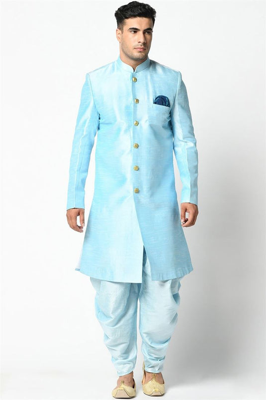 Sky Blue Color Art Silk Fabric Wedding Wear Fancy Readymade Dhoti Style Indo Western For Men