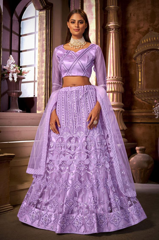 Function Wear Purple Color Net Fabric Lehenga