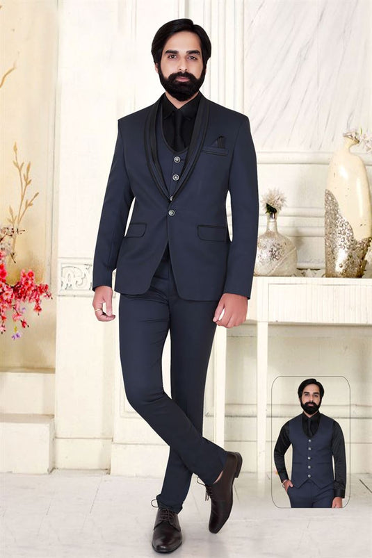 Rayon Fabric Wedding Wear Navy Blue Color 3 Piece Suit For Man