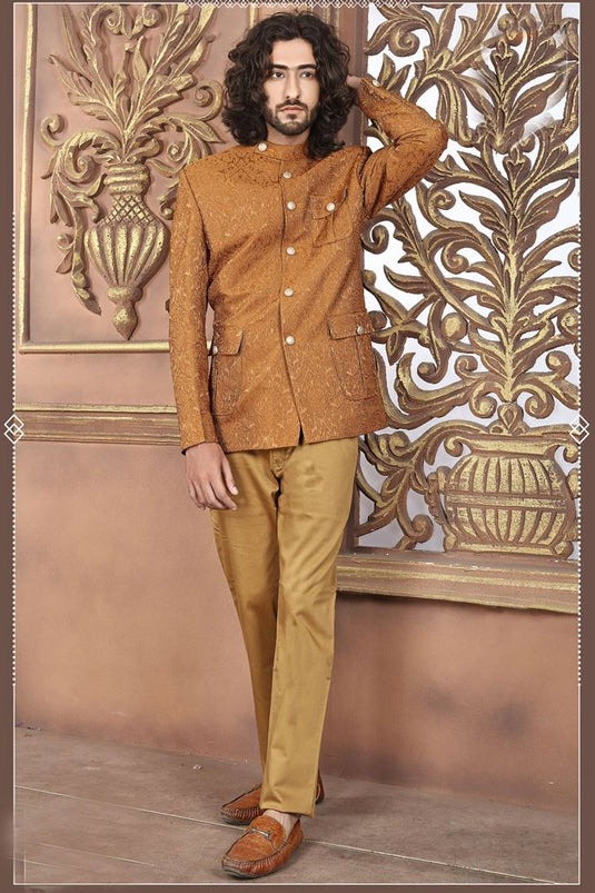 Art Silk Fabric Mustard Color Jodhpuri Suit In Wedding Wear