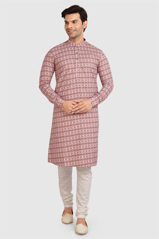 Pink Color Printed Festival Wear Kurta Pyjama In Cotton Fabric