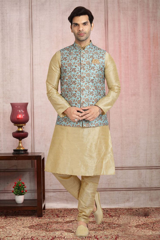 Beige Color Banarasi Style Wedding Wear Kurta Pyjama With Jacket In Art Silk Fabric