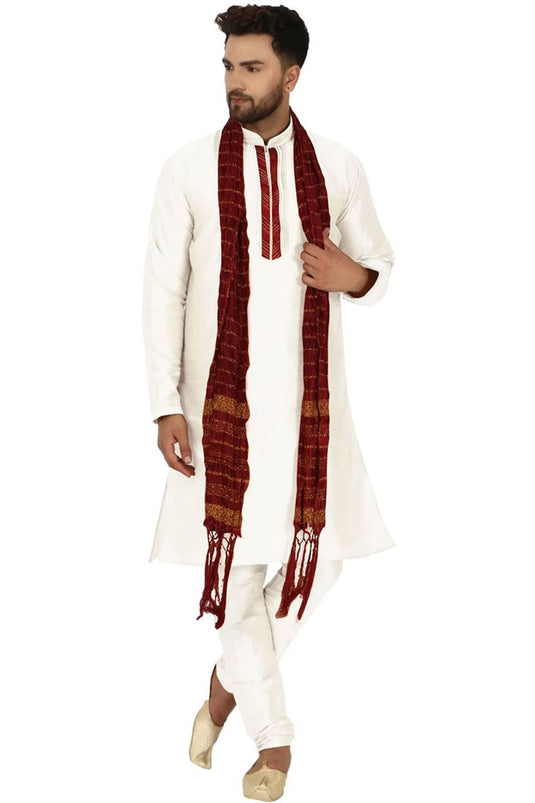 Redaymade Dhupion Silk Fabric Kurta Pyjama With Stole In White Color