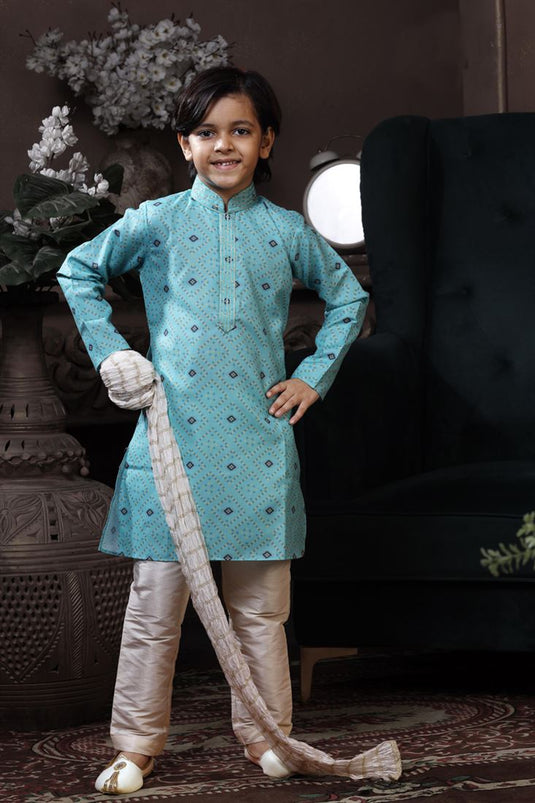 Beautiful Light Cyan Color Cotton Fabric Printed Reception Wear Readymade Boys Kurta Pyjama