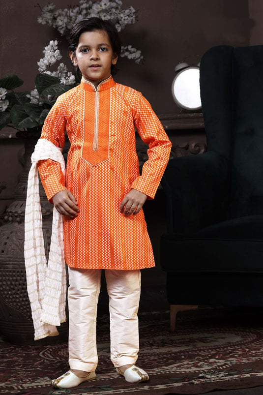 Glamorous Orange Color Cotton Fabric Printed Festive Wear Readymade Boys Kurta Pyjama