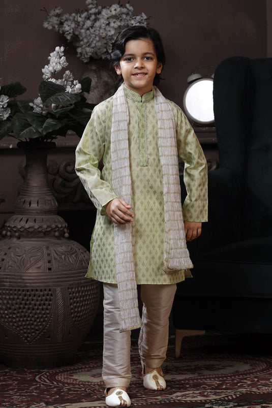 Graceful Sea Green Color Cotton Fabric Printed Sangeet Wear Readymade Boys Kurta Pyjama