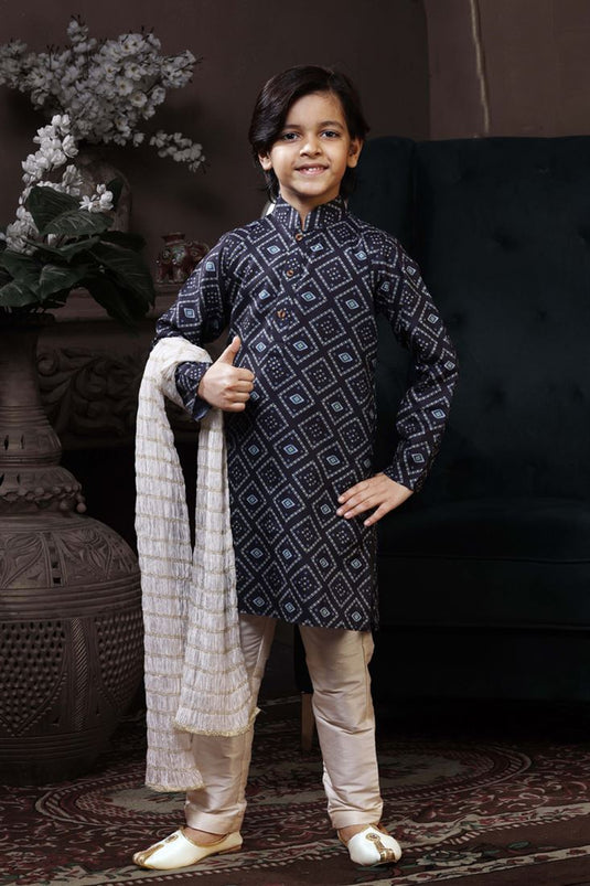 Navy Blue Color Cotton Fabric Printed Reception Wear Readymade Boys Kurta Pyjama