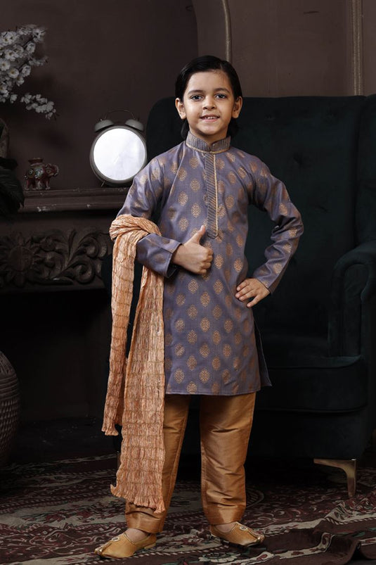 Lavender Color Cotton Fabric Printed Festive Wear Readymade Boys Kurta Pyjama