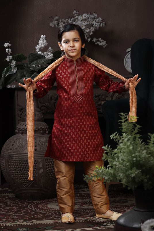 Maroon Color Cotton Fabric Printed Wedding Wear Readymade Boys Kurta Pyjama