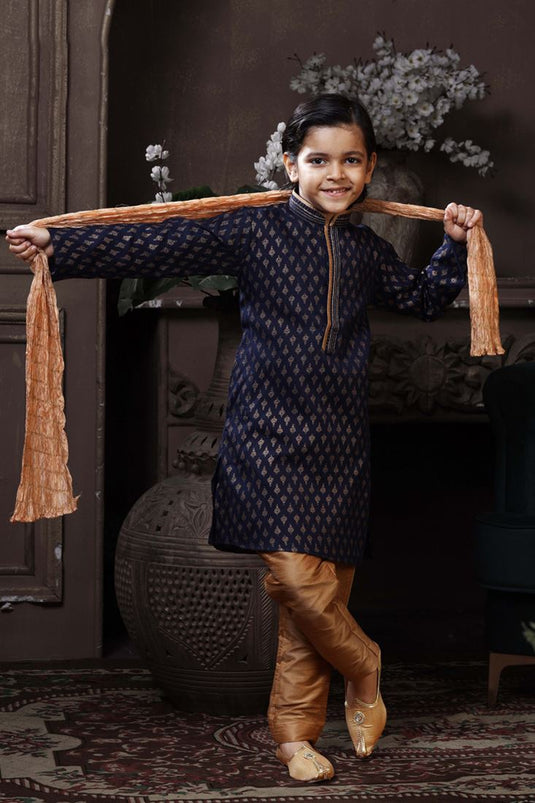 Navy Blue Cotton Fabric Printed Reception Wear Readymade Boys Kurta Pyjama