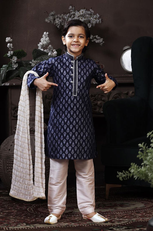 Navy Blue Color Cotton Fabric Printed Wedding Wear Readymade Boys Kurta Pyjama