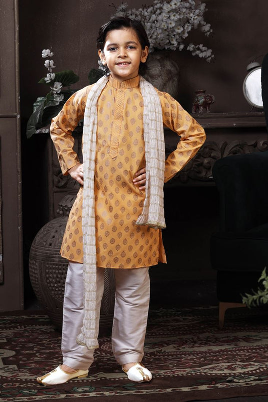 Peach Color Cotton Fabric Printed Festive Wear Readymade Boys Kurta Pyjama