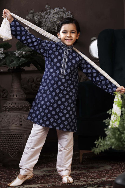 Navy Blue Color Cotton Printed Wedding Wear Readymade Boys Kurta Pyjama