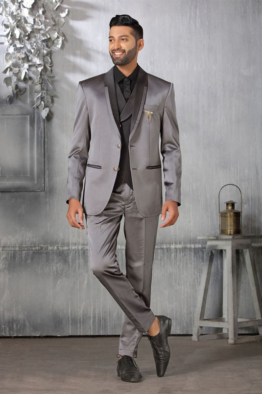 Captivating Satin Fabric Grey Color Coat Suit