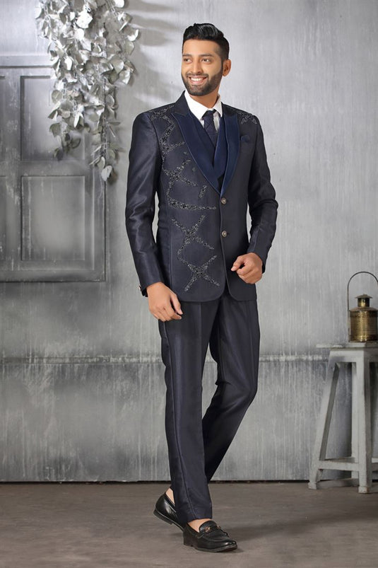 Blissful Navy Blue Color Satin Fabric Coat Suit