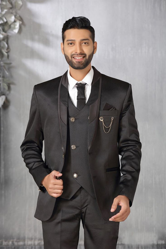 Majestic Black Color Satin Fabric Coat Suit