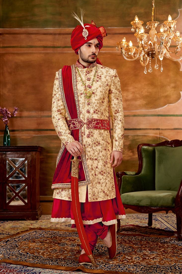 Golden Color Gorgeous Jacquard Wedding Wear Heavy Embroidered Groom Sherwani For Men With Stole