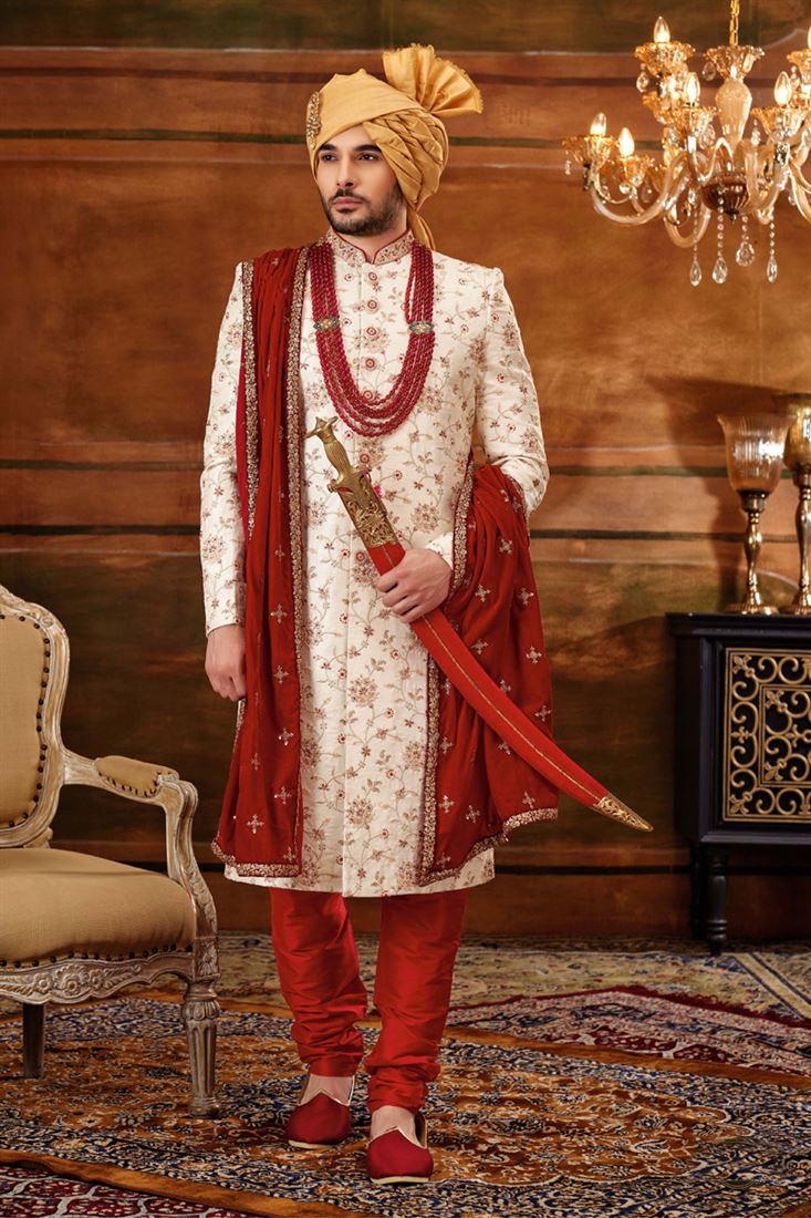 Beautiful Off White Color Wedding Wear Readymade Heavy Embroidered Groom Sherwani For Men In Silk Fabric With Stole
