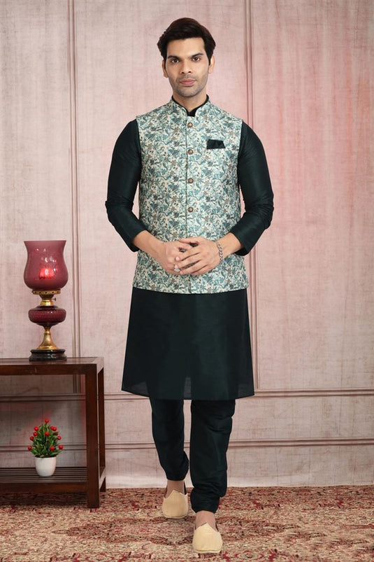 Marvellous Dark Green Color Banarasi Silk Fabric Kurta Pyjama With Sea Green Jacket