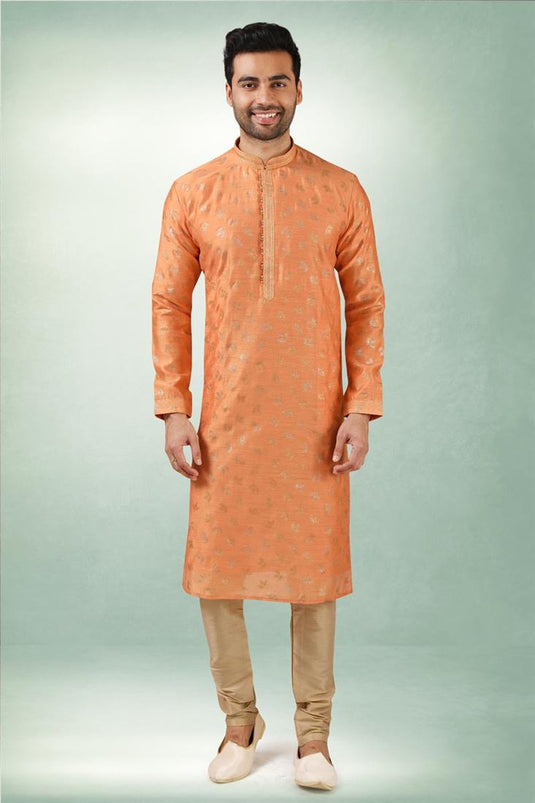 Incredible Ethnic Look Orange Color Art Silk Kurta Pyjama