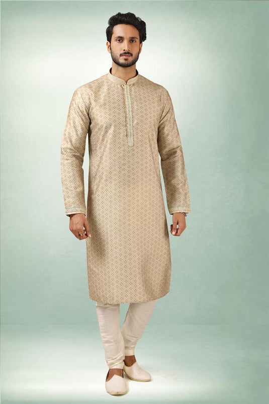 Stylish Ethnic Look Beige Color Art Silk Kurta Pyjama