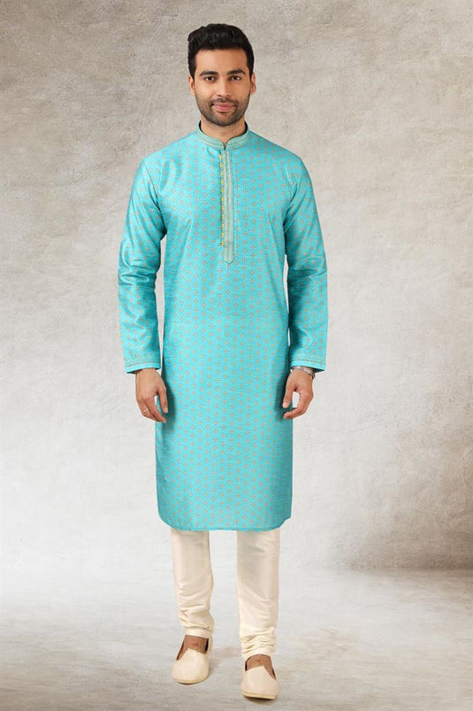 Sky Blue Color Stunning Art Silk Kurta Pyjama In Ethnic Look