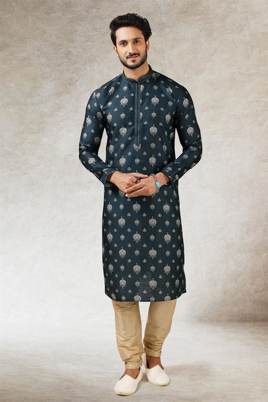 Teal Color Ethnic Look Lavish Art Silk Kurta Pyjama