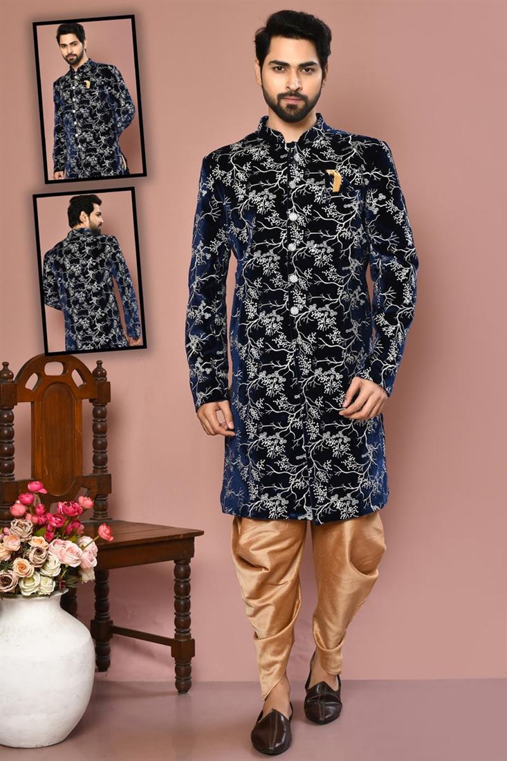 Navy Blue Color Velvet Fabric Sherwani