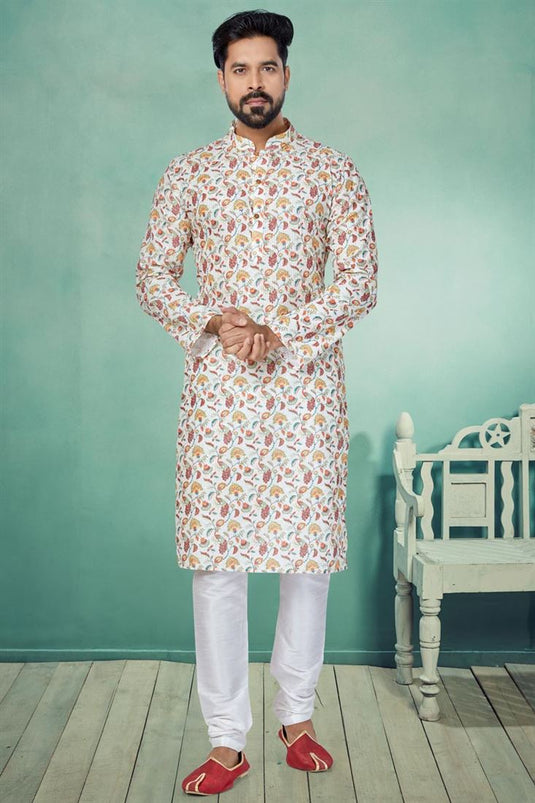 Fancy Fabric White Color Festive Wear Readymade Men Stylish Printed Kurta Pyjama