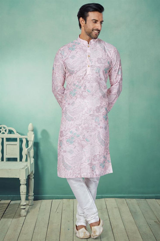 Fancy Fabric Function Wear Readymade Pink Color Printed Kurta Pyjama For Men