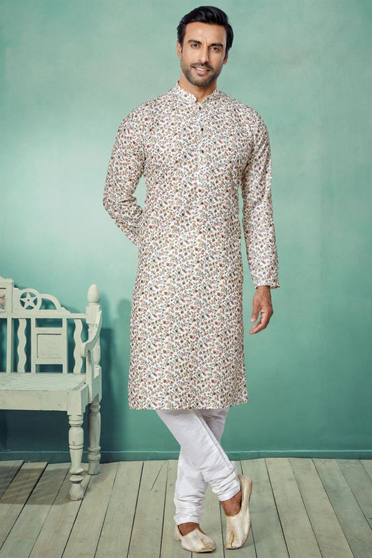 Festive Wear Readymade Printed Kurta Pyjama For Men In Off White Fancy Fabric