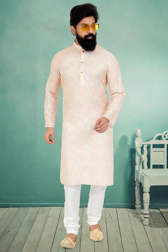 Fancy Fabric Peach Color Festive Wear Trendy Readymade Men Printed Kurta Pyjama