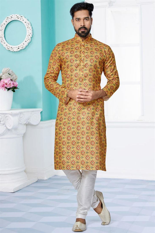 Mustard Color Fancy Fabric Festive Wear Captivating Printed Readymade Kurta Pyjama For Men