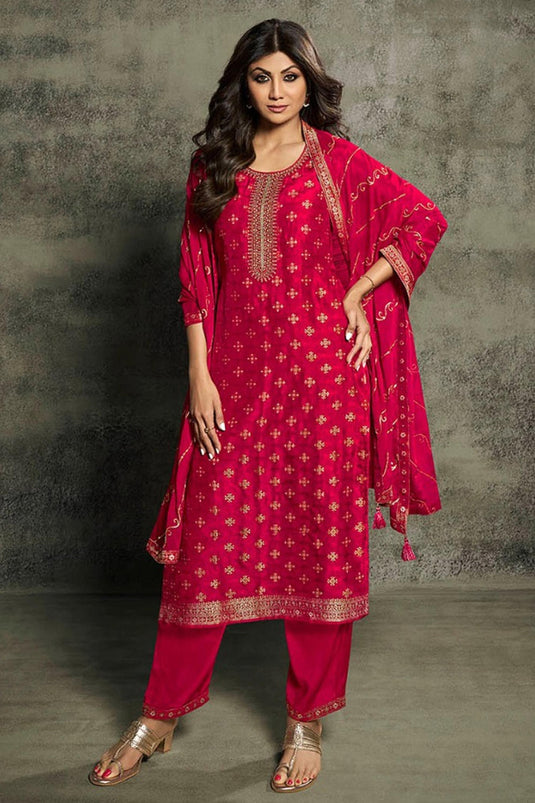 Shilpa Shetty Jacquard Fabric Embroidered Designer Straight Cut Long Salwar Suit