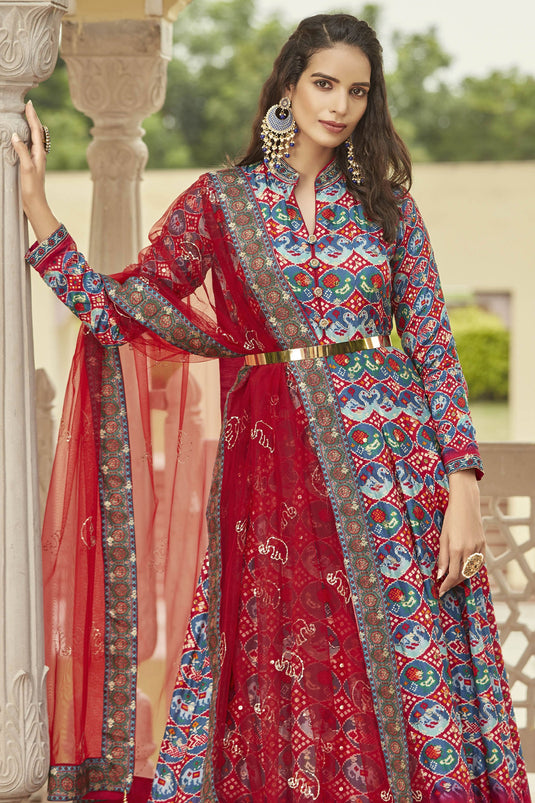 Charming Multi Color Jacquard Fabric Bandhani Print Readymade Gown