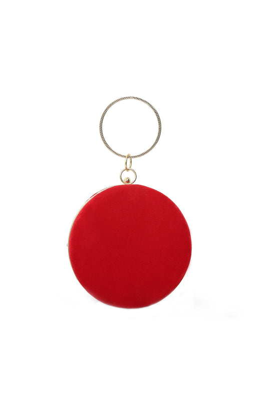 Amber Red Embroidered Round Clutch