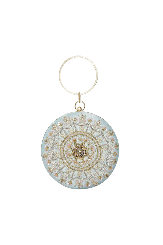 Light Cyan Round Clutch With Embroidered Design