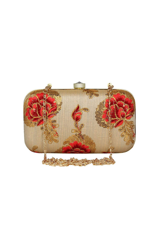 Beige Art Silk Floral Embroidered Clutch