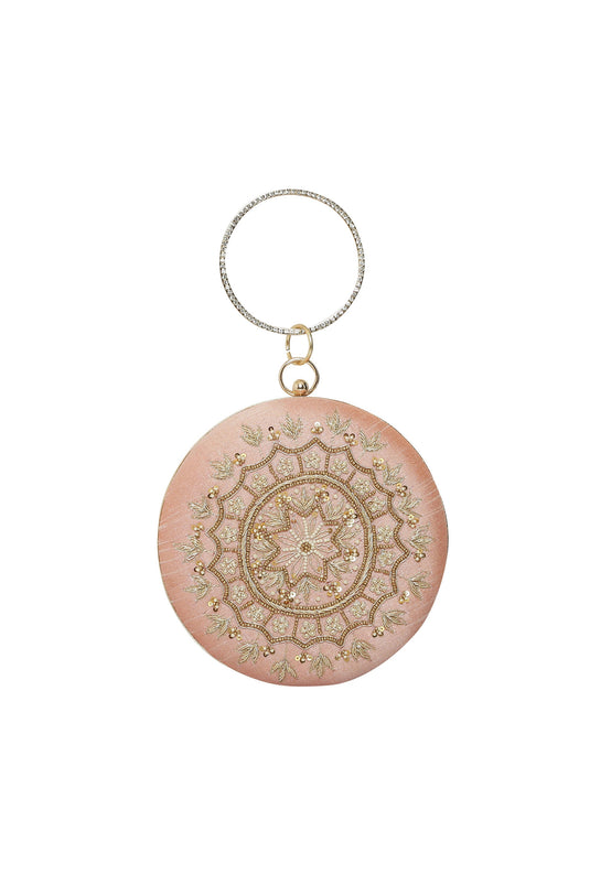 Pink Art Silk Embroidered Wedding Fancy Round Clutch