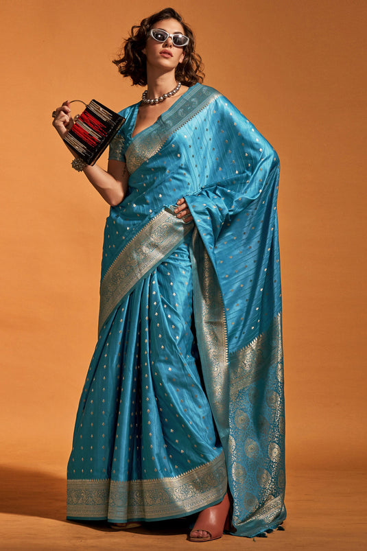 Sky Blue Handloom Weaving Satin Silk Saree