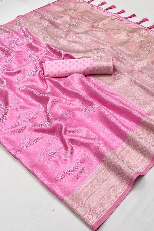 Pink Handloom Weaving Satin Silk Saree