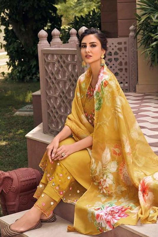 Printed Mustard Color Readymade Salwar Suit In Fancy Fabric