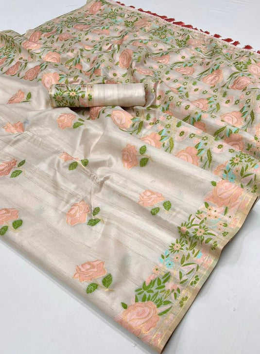 Beige Color Jacquard Work Art Silk Fabric Party Wear Saree