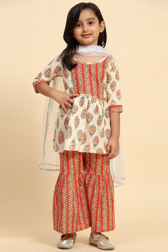 Cotton Fabric Printed Cream Color Readymade Kids Palazzo Salwar Suit