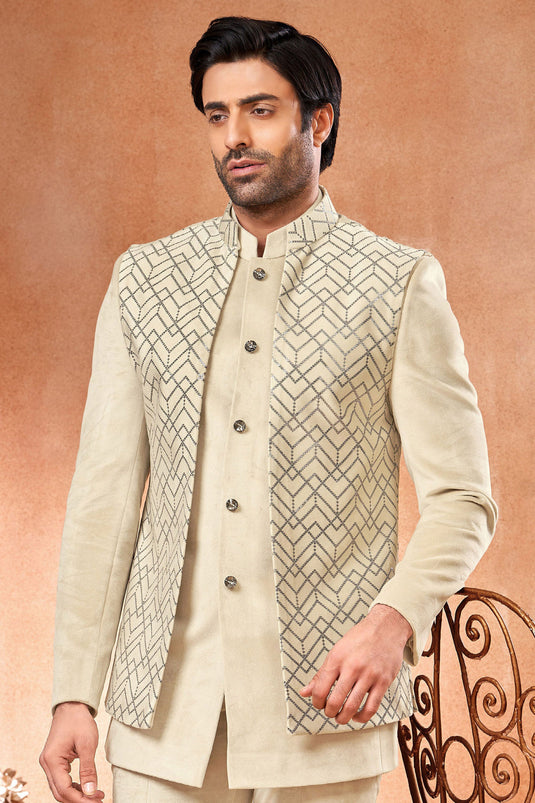 Cream Color Velvet Fabric Wedding Wear Designer Readymade Jodhpuri Jacket For Men